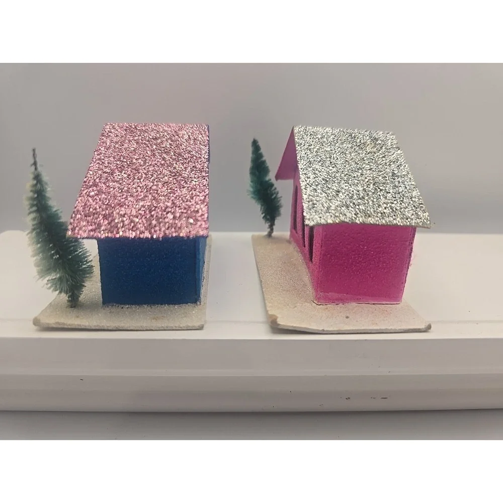 2 Vintage Christmas Putz‎ Houses Church Bottle Brush Tree Blue And Pink